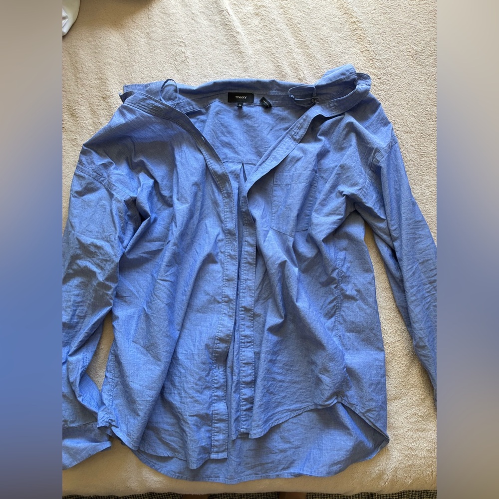 Theory Light Blue Off-The-Shoulder Bottom Down Shirt